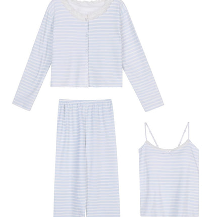 Milk Blue Striped German Velvet Pajamas Three-piece Set Women's Autumn and Winter New Arrival Long-sleeved Cardigan Trousers Home Clothes suit