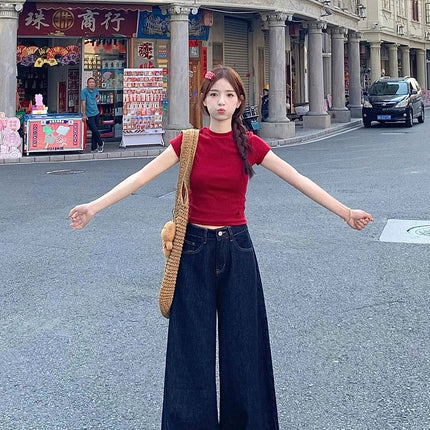 Dark Blue Wide-Leg Jeans for Women, Summer New High-Waisted Slimming Loose Wide-Leg Drape Floor-Length Pants Trendy