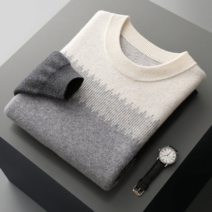 2025 New Autumn and Winter 100% Pure Wool Sweater Men's Thickeneded Contrasting Color Sweater Pullover Warm and Versatile Knitted Bottoming Shirt