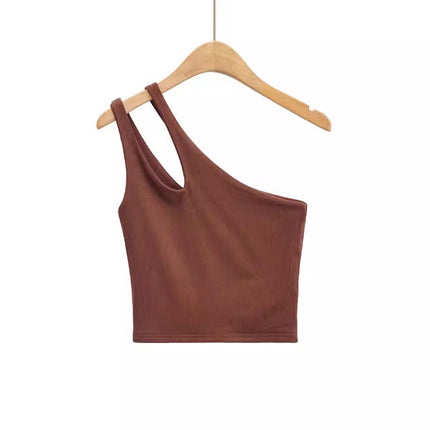 2024 New Summer Style European and American Short Sexy One-Shoulder Double Shoulder Cut Out Slim Vest Top
