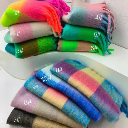 New Rainbow Plaid Tassel Scarf Women's Autumn and Winter European and American Cross-border Color-matching Cashmere and mohair Shawl Thickened Wai