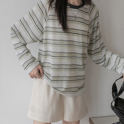 2025 Autumn Salt Green Striped Casual Long Sleeve Blouse Thin Breathable Loose Retro T-Shirt