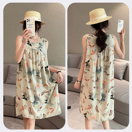 Summer Cotton Silk Nightgown for Women Thin Artificial Cotton Floral Sleeveless Korean Style Loose Large Size Home Wear Pajamas Vest Dress