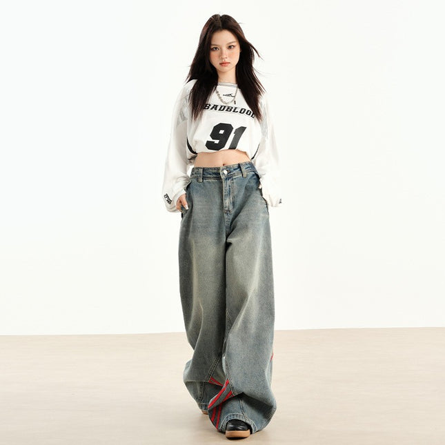 New American Style Retro Red Stitching Striped Jeans Women's Early Autumn New Loose Straight Wide Leg Pants