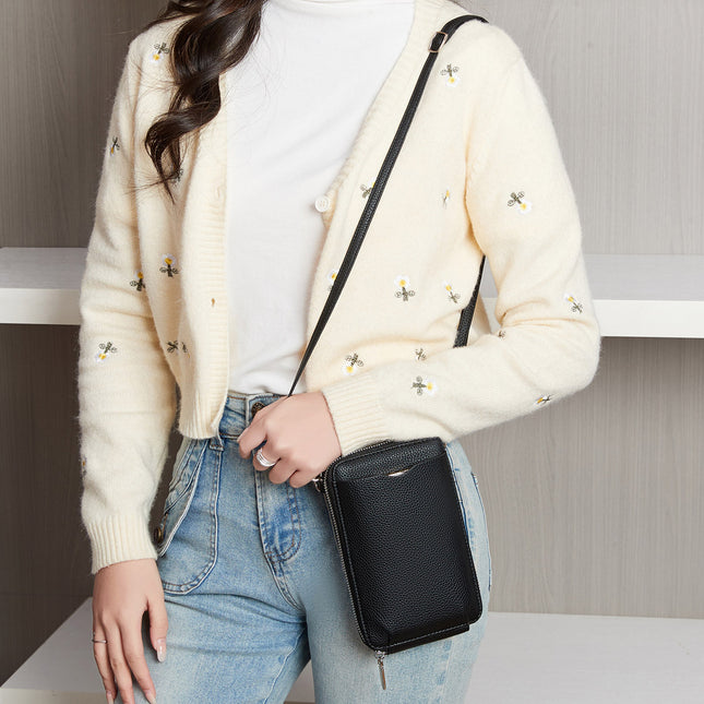 Cross-Border 2026 New Style Lychee-Pattern Soft Leather Vertical Zipper Phone Bag Large Capacity Women's Shoulder Bag Crossbody Wallet