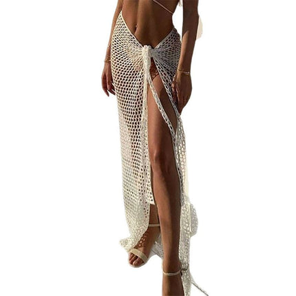 Cross-Border European and American Sexy Hollow Long Beach Skirt Solid Color Knitted Skirt Vacation Sun Protection Mesh Slit Long Skirt