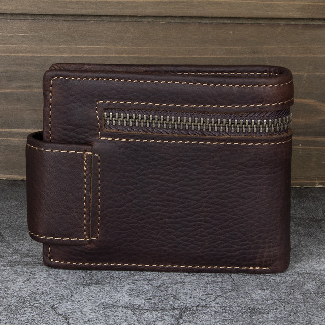 Men's Wallet Cross Short Genuine Leather Men's Tower Buckle Triple Fold Wallet Vintage Top Layer Cowhide Card Holder Multi-Card Holder Wallet