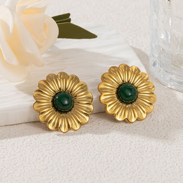 Sunflower stainless steel tiger eye stone female earrings Europe and the United States cross-border titanium steel 18k gold earrings high sense flower earrings