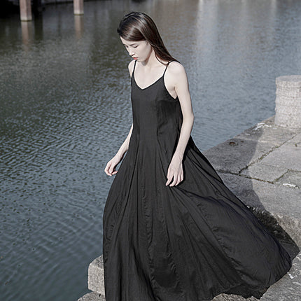 25 Summer Self-Made Long Cotton Dress with Large Hem and Double-Layered Leaf-Patterned Splicing, Two-Color Pure Cotton Strap Dress