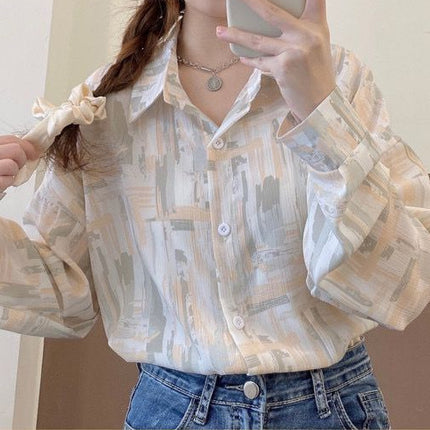 Personalized Printing ~ Retro Elegant Niche Hong Kong Style Long-Sleeved Shirt for Women Spring & Fall New Loose Casual Lapel Shirt