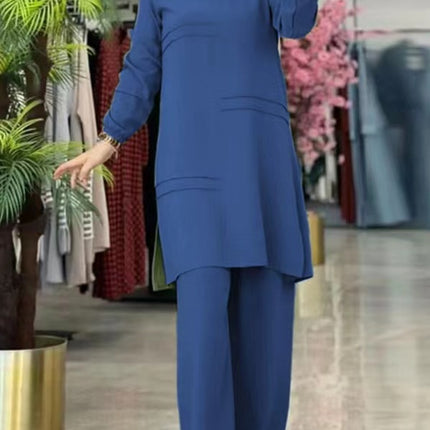 2024 Women's Two-Piece Sportswear Set: Elegant Solid Color Long-Sleeve Shirt and Wide-Leg Pants Set