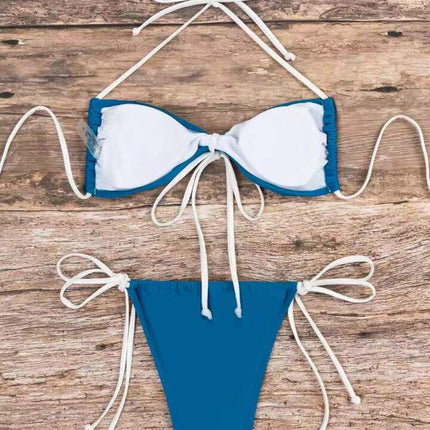 2024 New Cross-border European and American Bikini Swimsuit Lace-up Solid Color Sexy Swimsuit for Women