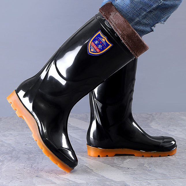 Military-Style High-Top Rain Boots for Men and Women, Waterproof Black Cowhide Sole Mid-Calf Rain Boots