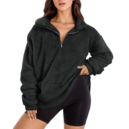 Cross-border AliExpress autumn and winter wish2023 European and American new plush fleece-lined women's stand collar sweater casual