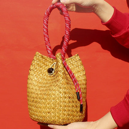 Chinese Red Festive Wedding Straw Woven Bag Bridesmaid Gift Bag Wedding Candy Box Handmade Woven Women's Shoulder Bag