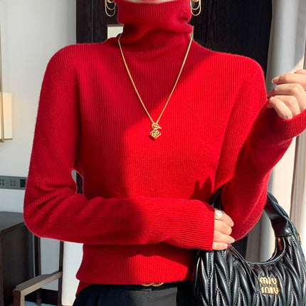 New Autumn and Winter Women's Base Sweater All-match Knit Sweater First-line Garment Piled Collar Solid Color Sweater Inner Riding