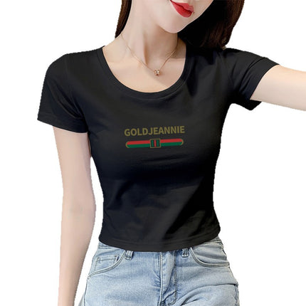White T-Shirt Women's Short-Sleeved Round Neck Exposed Navel High-Waisted Short Summer Tight-Fitting Crop Top 2025 New T-Shirt