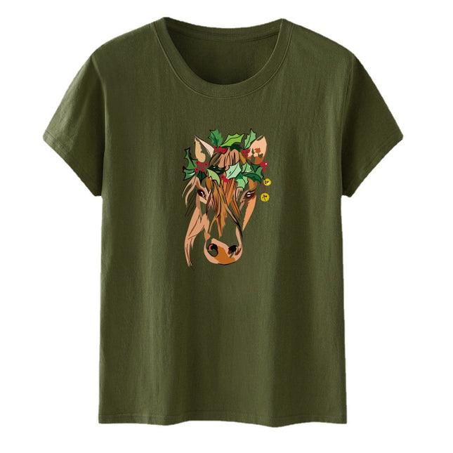 Amazon a generation of hair with green flowers horse head printed loose European and American printed ladies casual T-shirt women's jacket