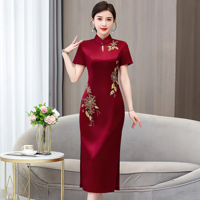 Acetic Acid Satin Embroidered Cheongsam Dress Happy Mother Wedding Dress dress wine red Fashion Young Slim Dress