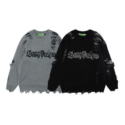 National Fashion Retro Ripped Double-sided Gothic Alphabet Jacquard Crewneck Sweater Men's and Women's Fashion Brand Loose Casual Knitted Sweater
