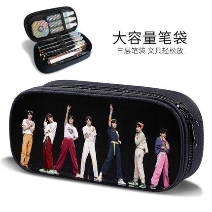 Times Youth Multi-Layer Stationery Box Canvas Pencil Bag Large Capacity Student Storage Box Pencil Bag Zipper New Style