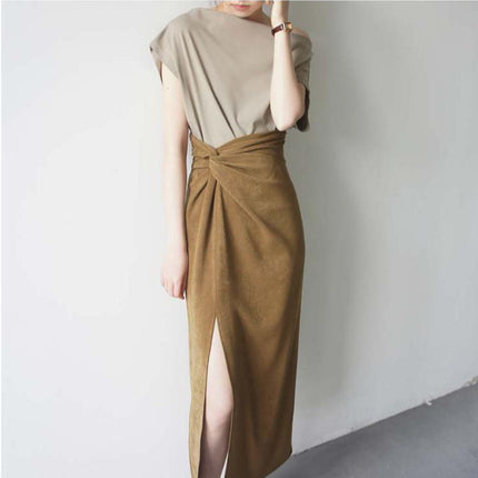 Mustard Matte Texture Cross-Design High-Waisted Side-Slit Over-The-Knee Skirt, Stylish and Fashionable Women's Bottom Garment