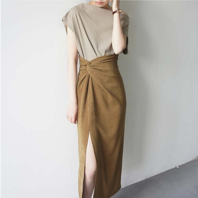 Mustard Matte Texture Cross-Design High-Waisted Side-Slit Over-The-Knee Skirt, Stylish and Fashionable Women's Bottom Garment
