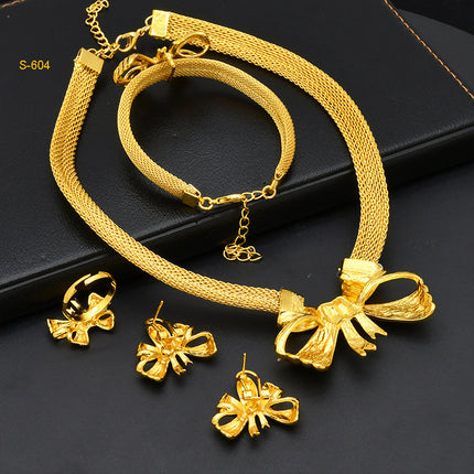 24K Dubai gold jewelry set Saudi bridal necklace bracelet earrings ring Indian ladies four piece wholesale