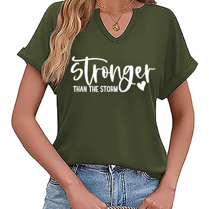 Amazon Cross-Border Spring and Summer New Product V-Neck Rolled Sleeves Stronger Than the Storm Letter Print