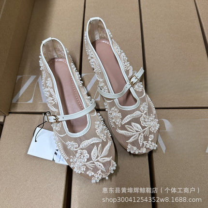 ZA new summer new fashion round toe flat shoes retro style mesh pearl embroidery mesh ballet shoes
