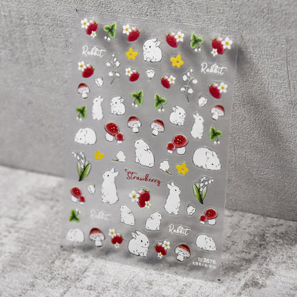 Popular Furry Rabbit Mushroom Strawberry Nail Art Stickers Tomoni Embossed Thin Tough Nail Stickers Nail Art Accessories