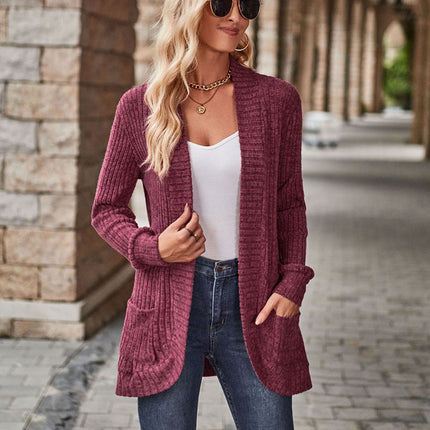 Long-Sleeve Cardigan Jacket Amazon 2026 Spring and Autumn New Solid Color Ribbed Brushed Fabric Patchwork Long-Sleeve Jacket Wholesale