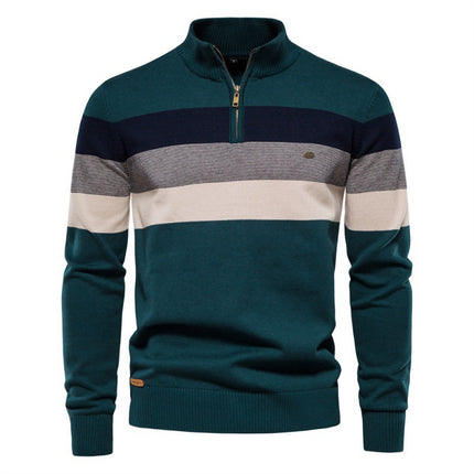 Autumn and Winter Fashion Semi-Cross-Border Striped Knitwear Men's Spliced Pullover Zipper Men's Knitwear Khaki Green
