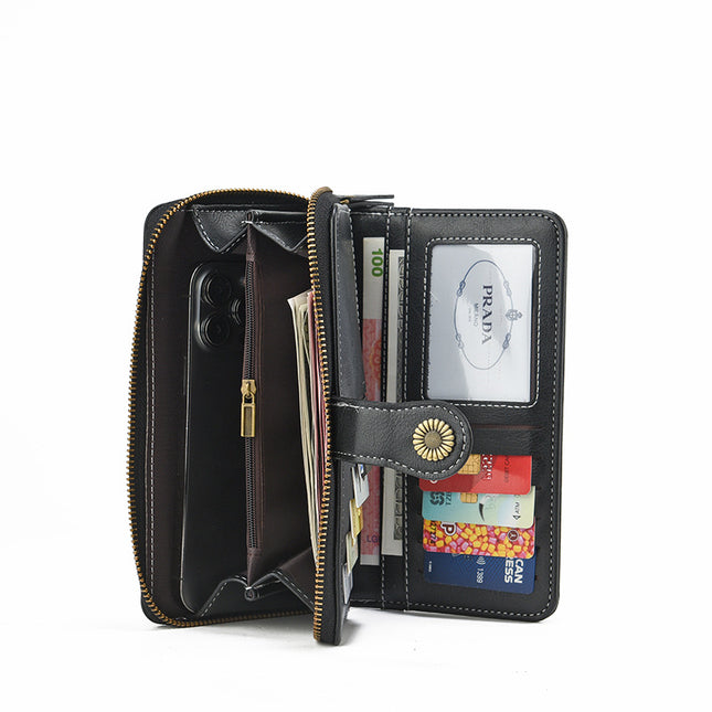 Foreign Trade New Fashion Women's Coin Purse Oil Wax Leather Handbag Long Zipper Mobile Phone Card Holder Short Coin