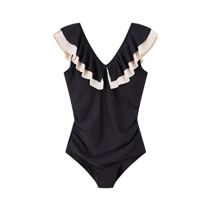 New Large Size Double Ruffle Swimsuit for Women, Conservative Belly-Covering Slimming Swimsuit, Sexy Backless Triangle One-Piece Bikini