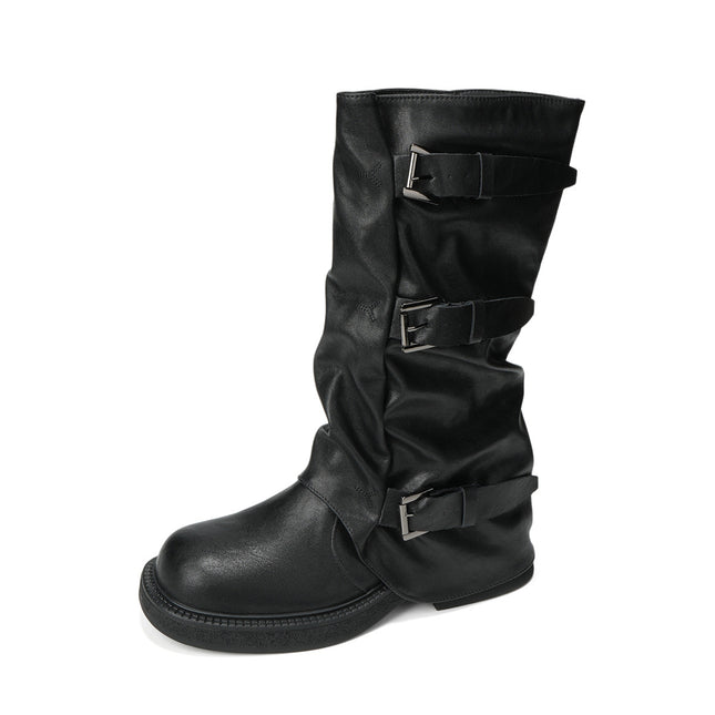 Genuine Leather Version ~ Retro Pleated Thick-Soled Short Boots for Women 2025 Autumn New Belt Buckle Boots Western Boots