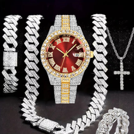 Hiphop Hip Hop Diamond Watch Five-Piece Diamond Cuban Chain Cross Necklace Cuban Ring Cross Border Wholesale