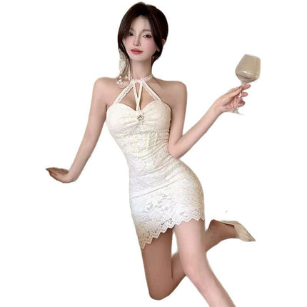 French Style Pure Sexy Neck Shoulder Strap dress 2025 Summer New Lace Crochet Hip Pencil Skirt