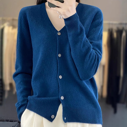 V-Neck Wool Knitwear for Women, Ready-Made Thin Autumn and Winter Work Clothing Slimming Look Elegant with 100% Wool Cardigan