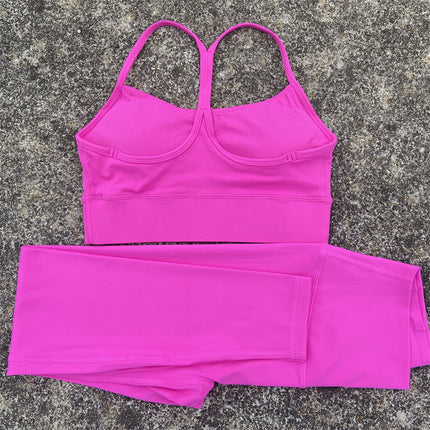 European and American solid color yoga clothes suit sports Y-shaped bra + high waist nude yoga leggings elastic tight shaping