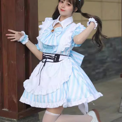 Cross-Border New Product Japanese Style Autumn Leaf Sweet Stripesd Maid Outfit Cosplay Lolita Plus Size Maid