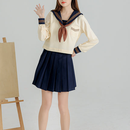 Manufacturer Supplies Jk Uniform Yellow Three-Piece Sailor Suit Short-Sleeve Tea Feather Spring and Autumn Long-Sleeve Pleated Skirt Set