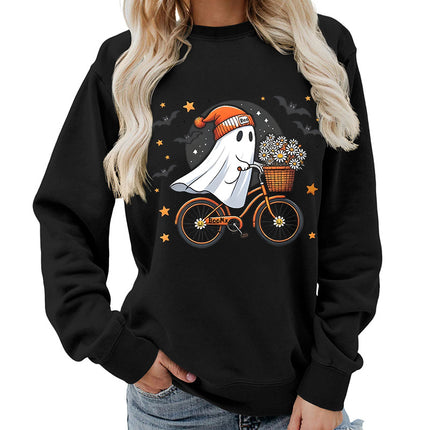 Amazon Source Ghost Riding a Bicycle Halloween Print Round Neck Women's Sweatshirt Casual Loose Fit