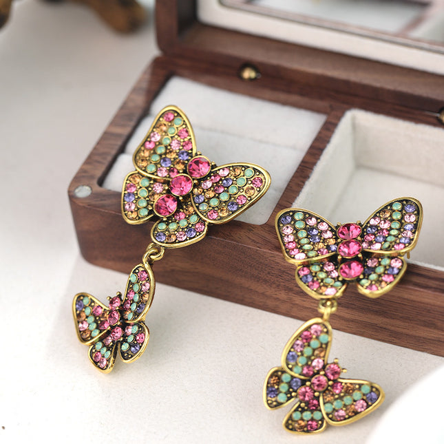 Silver needle antique color diamond butterfly tassel earrings exaggerated niche design personality retro earrings wholesale