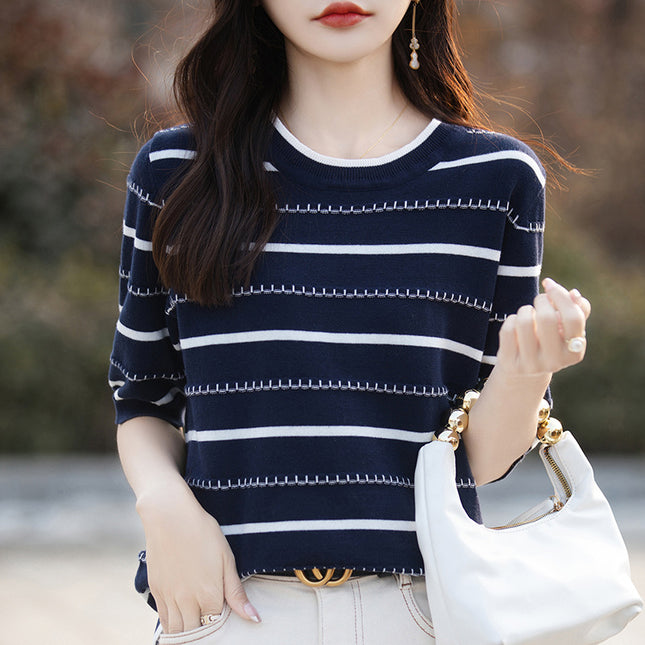 Summer New Stripesd Knitted Short-Sleeved Round Neck Loose Pullover T-Shirt Andy Velvet Women's Top Drop Shipping