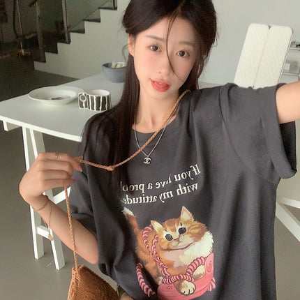 2025 Summer Commuting Letter Cat Creative Printed Loose Short Sleeve T-Shirt Loose Casual Top Small Fresh