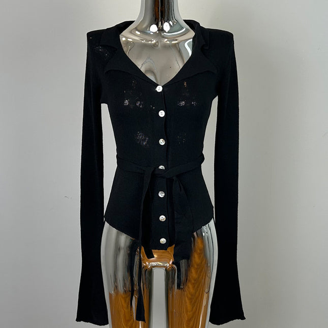 South Korea's Dongdaemun New Product, Feminine Lapel Lace-Up Slim Knitted Cardigan Me Fashionable Elegant