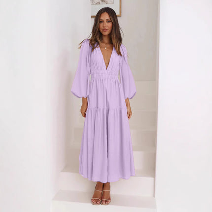 European and American Export 25-Year-Old Autumn and Winter V-Neck Waist Slimming Look Pleated Long-Sleeved Small Fresh Dress for Women 23051