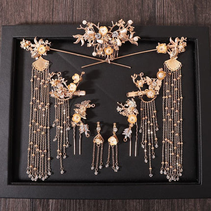 Chinese style hanfu bridal hair accessories suit tassel dragon and phoenix gown ancient style hair accessories wedding Red ancient costume Xiuhe headdress