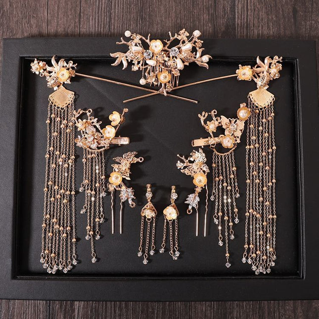 Chinese style hanfu bridal hair accessories suit tassel dragon and phoenix gown ancient style hair accessories wedding Red ancient costume Xiuhe headdress
